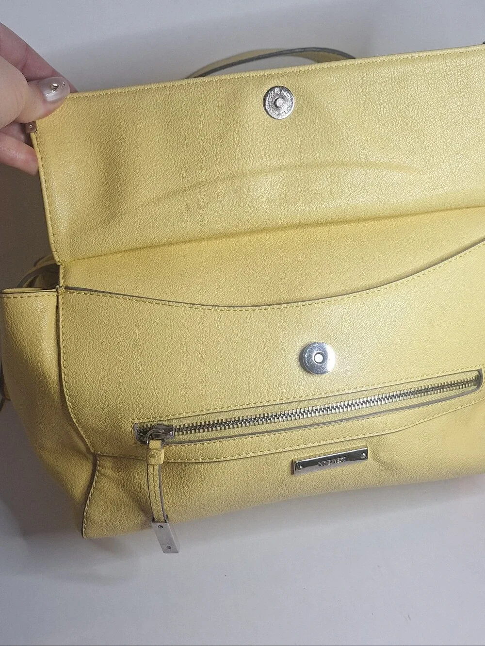 Nine West Chic Faux Leather Butter Yellow Boxy Shoulder Bag Front Flap Purse